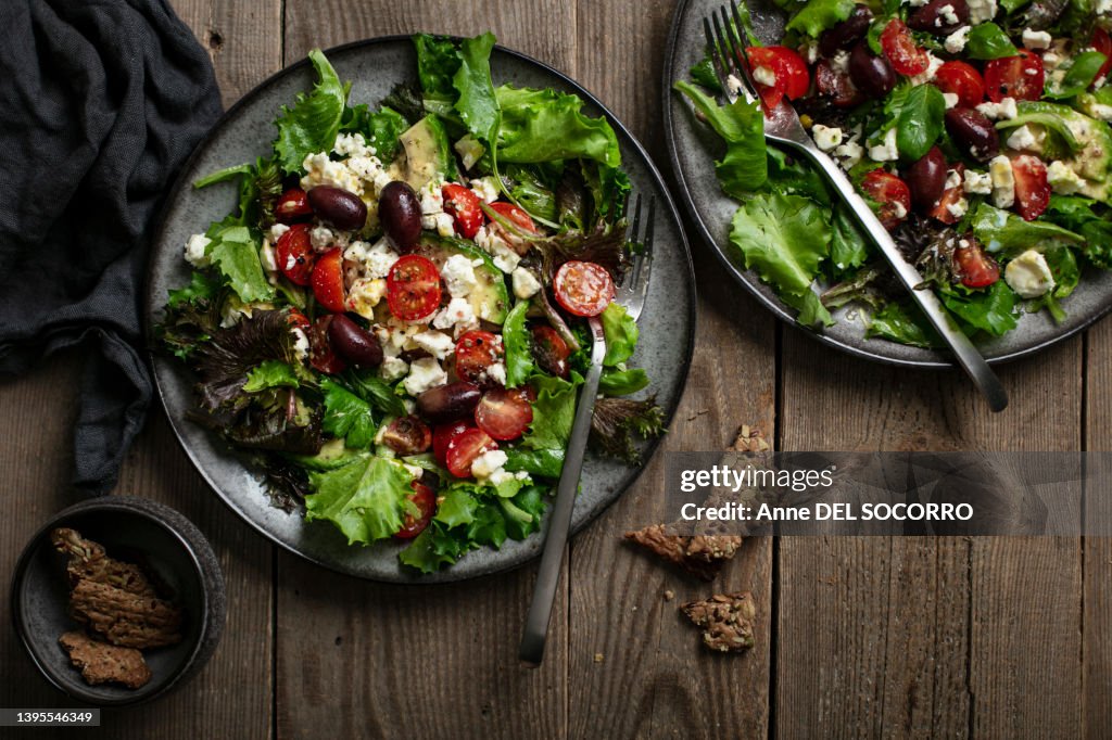 Salad with lettuce greek olives feta and tomatoes
