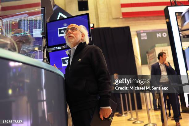 Stock trader Peter Tuchman works the floor of the New York Stock Exchange during morning trading on May 05, 2022 in New York City. Stocks opened...