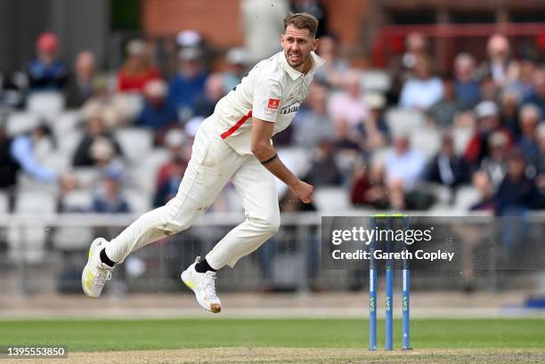 Tom Bailey of Lancashire bowls during the LV= Insurance County Championship match between Lancashire and Warwickshire at Emirates Old Trafford on May...