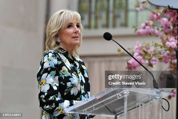 First lady of the United States, Jill Biden, speaks during the press conference for the 2022 Met Gala celebrating "In America: An Anthology of...