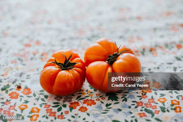 two tomatoes on a floral tablecloth - holding two things foto e immagini stock