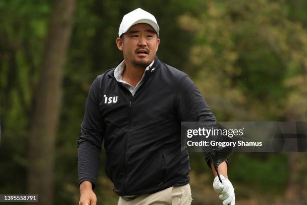 John Huh of the United States watches his shot from the 11th tee during the first round of the Wells Fargo Championship at TPC Potomac Clubhouse on...