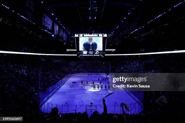 General view of opening ceremonies before Game Two of the First Round of the 2022 Stanley Cup Playoffs at the Scotiabank Arena on May 4, 2022 in...