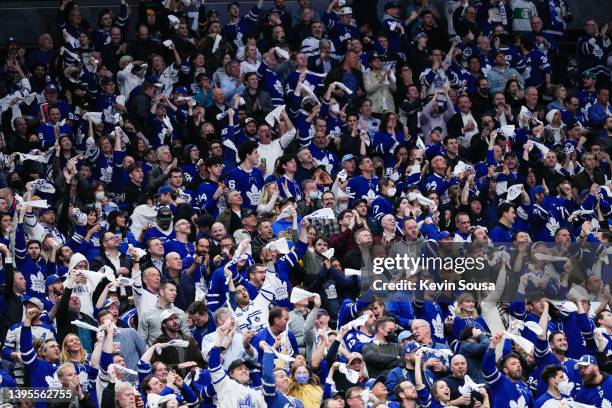 Toronto Maple Leafs fans wave their towels at Game Two of the First Round of the 2022 Stanley Cup Playoffs at the Scotiabank Arena on May 4, 2022 in...