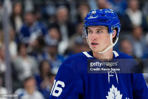 Mitchell Marner of the Toronto Maple Leafs looks on against the Tampa Bay Lightning during the second period in Game Two of the First Round of the...
