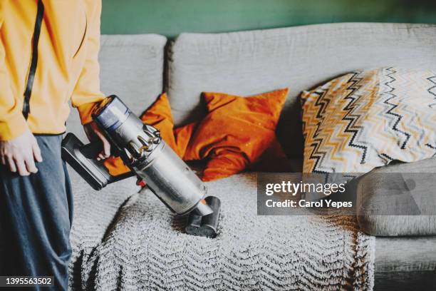 dog looking to owner using vacuum cleaner on the sofa - cleaning equipment stock pictures, royalty-free photos & images