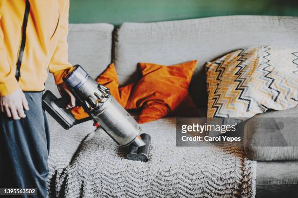 dog looking to owner using vacuum cleaner on the sofa - vacuum cleaner bildbanksfoton och bilder