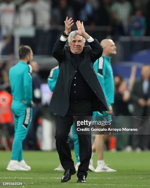 Manager Carlo Ancelotti of Real Madrid CF celebrates his team´s victory after winning the UEFA Champions League Semi Final Leg Two match between Real...
