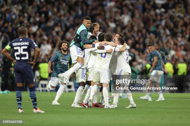 Marcelo, Mariano Diaz, Luka Modric, Eduardo Camavinga, Nacho Fernandez, Lucas Vazquez and Daniel Carvajal of Real Madrid CF celebrates their victory...