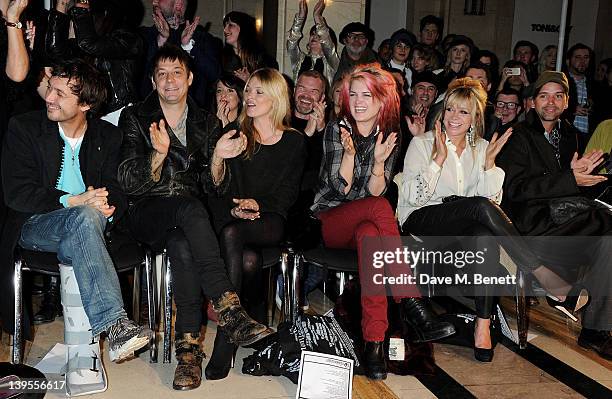 Dan Macmillan, Jamie Hince, Kate Moss, Alison Mosshart, Jo Wood and Alister Mackie attend the James Small Menswear Autumn/Winter 2012 show during...