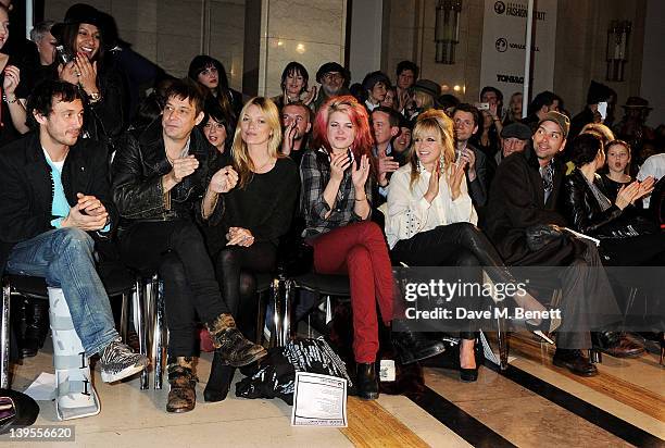 Dan Macmillan, Jamie Hince, Kate Moss, Alison Mosshart, Jo Wood, Alister Mackie and Sam Gainsbury attend the James Small Menswear Autumn/Winter 2012...