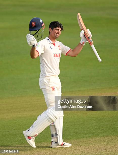 Sir Alastair Cook of Essex celebrates reaching his century during Day One of the LV= Insurance County Championship match between Essex and Yorkshire...