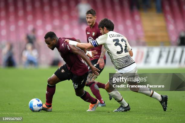 Lassana Coulibaly of Salernitana is challenged by Pietro Ceccaroni of Venezia during the Serie A match between US Salernitana and Venezia at Stadio...