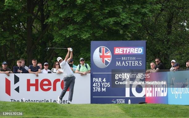 Richard Bland of England tees off on the 16th hole during the first round of the Betfred British Masters hosted by Danny Willett at The Belfry on May...