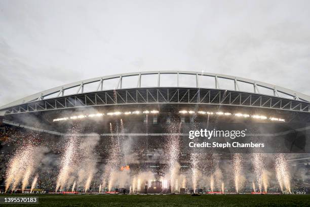 Pyrotechnics explode before the game between the Seattle Sounders and Pumas during 2022 Scotiabank Concacaf Champions League Final Leg 2 at Lumen...