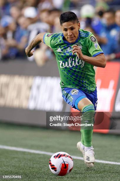 Raúl Ruidíaz of Seattle Sounders controls the ball against Favio Álvarez of Pumas in the second half during 2022 Scotiabank Concacaf Champions League...
