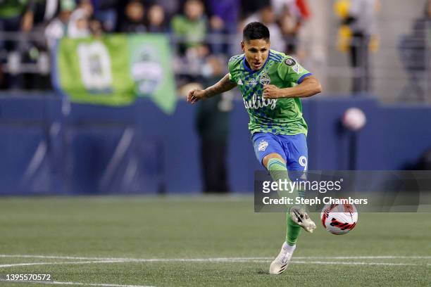 Raúl Ruidíaz of Seattle Sounders controls the ball against Pumas in the second half during 2022 Scotiabank Concacaf Champions League Final Leg 2 at...