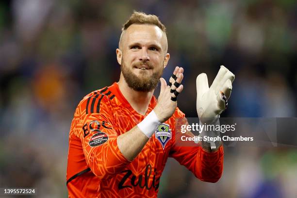 Stefan Frei of Seattle Sounders reacts after winning best player of the tournament during 2022 Scotiabank Concacaf Champions League Final Leg 2 at...