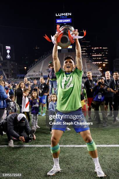 Fredy Montero of Seattle Sounders reacts after beating Pumas 3-0 during 2022 Scotiabank Concacaf Champions League Final Leg 2 at Lumen Field on May...