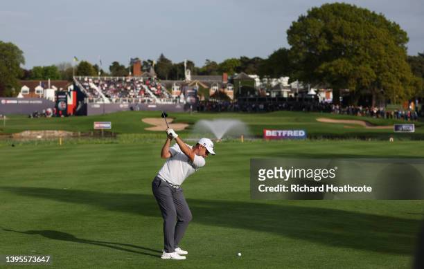 Richard Bland of England plays his second shot on the 18th hole during the first round of the Betfred British Masters hosted by Danny Willett at The...