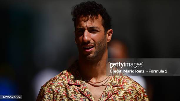 Daniel Ricciardo of Australia and McLaren looks on in the Paddock during previews ahead of the F1 Grand Prix of Miami at the Miami International...