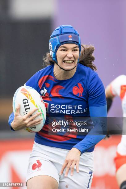 Coralie Bertrand of France runs with the ball versus Japan during a Women's HSBC World Rugby Sevens Series match at Starlight Stadium on April 30,...