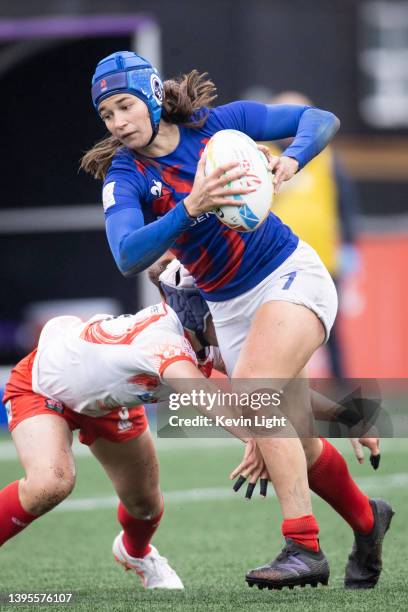 Coralie Bertrand of France runs with the ball versus Japan during a Women's HSBC World Rugby Sevens Series match at Starlight Stadium on April 30,...