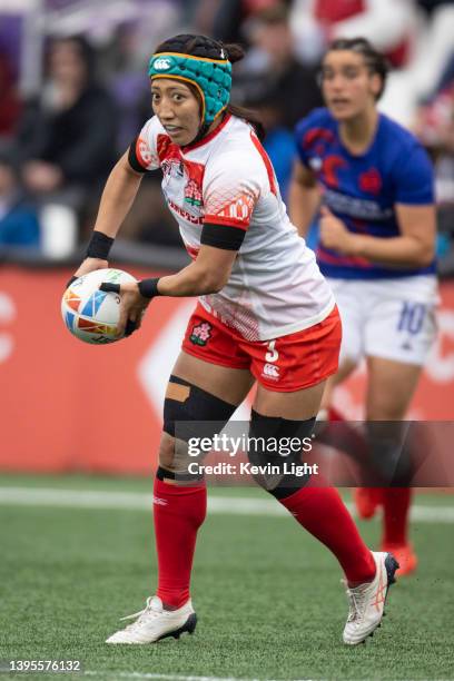 Marin Kajiki of Japan passes the ball versus France during a Women's HSBC World Rugby Sevens Series match at Starlight Stadium on April 30, 2022 in...