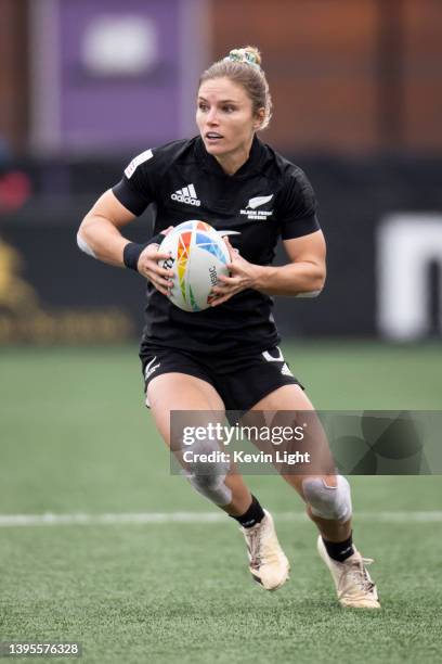 Michaela Blyde of New Zealand runs with the ball versus Fiji during a Women's HSBC World Rugby Sevens Series match at Starlight Stadium on April 30,...