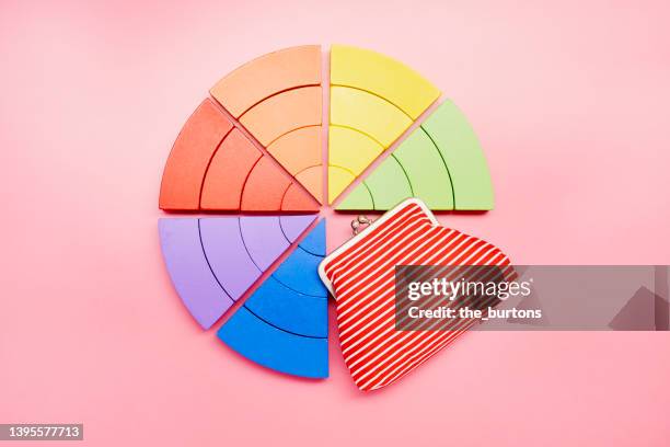 high angle view of a pie chart made of colorful building blocks and wallet on pink background - multi colored purse stock pictures, royalty-free photos & images