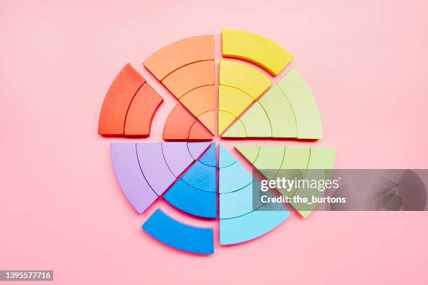 high angle view of pie chart made of colorful building blocks on pink background - wealth gap stock pictures, royalty-free photos & images