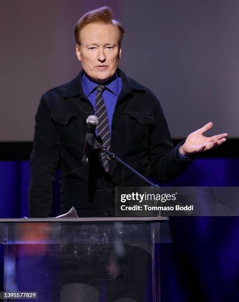 Conan O'Brien speaks onstage at "Norm Macdonald: Nothing Special" during Netflix Is A Joke at The Fonda Theatre on May 03, 2022 in Los Angeles,...