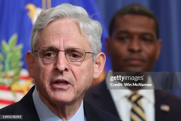 Attorney General Merrick Garland speaks at a press conference with EPA Administrator Michael Regan May 5, 2022 in Washington, DC. During the press...