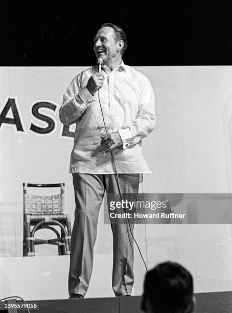 Canadian-born American media personality Art Linkletter performs onstage as part of a USO tour at Clark Air Base, Luzon, Philippines, April 12, 1968.