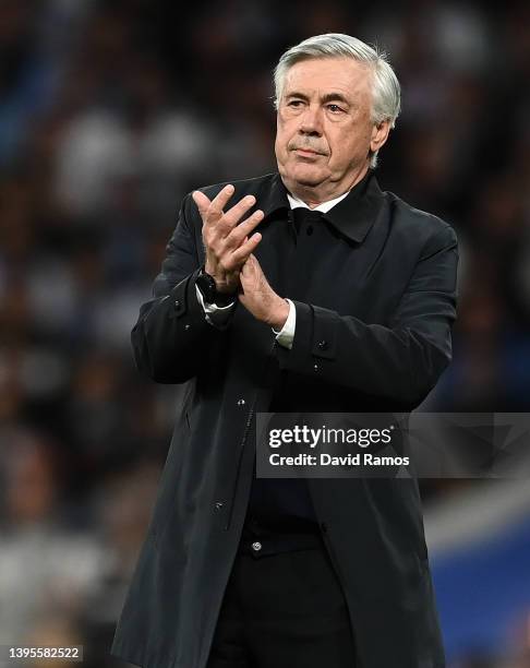 Head coach Carlo Ancelotti of Real Madrid CF looks on during the UEFA Champions League Semi Final Leg Two match between Real Madrid and Manchester...