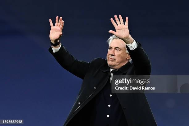 Carlo Ancelotti, Head Coach of Real Madrid celebrates their side's victory and progression to the UEFA Champions League Final after the UEFA...