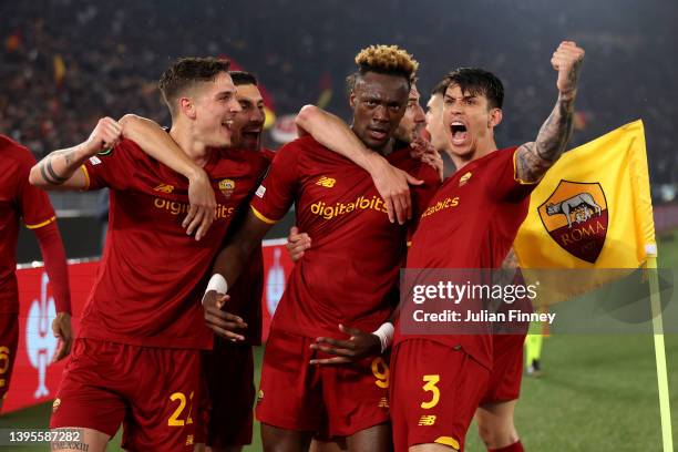 Tammy Abraham of AS Roma celebrates with team mates Borja Mayoral and rom3aafter scoring their sides first goal during the UEFA Conference League...