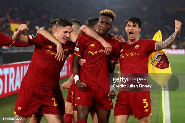 Tammy Abraham of AS Roma celebrates with team mates Borja Mayoral and rom3aafter scoring their sides first goal during the UEFA Conference League...