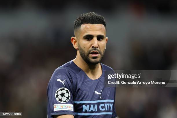 Riyad Mahrez of Manchester City FC reacts during the UEFA Champions League Semi Final Leg Two match between Real Madrid and Manchester City at...