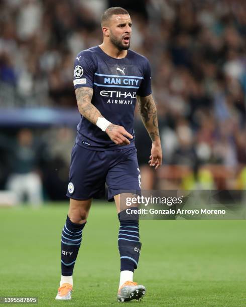 Kyle Walker of Manchester City FC in action during the UEFA Champions League Semi Final Leg Two match between Real Madrid and Manchester City at...