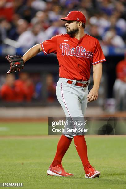 Brad Hand of the Philadelphia Phillies walks to the mound during the sixth inning against the New York Mets at Citi Field on May 01, 2022 in the...