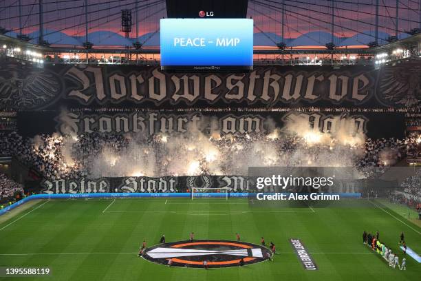 General view inside the stadium as Eintracht Frankfurt fans show their support prior to the UEFA Europa League Semi Final Leg Two match between...