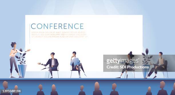 illustration of woman introducing panel of experts during conference - compere stock illustrations