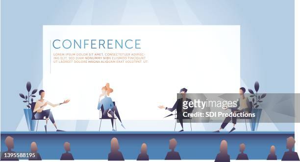 illustrations, cliparts, dessins animés et icônes de illustration de l’hôte de la conférence interagissant avec un panel d’experts - présentation discours