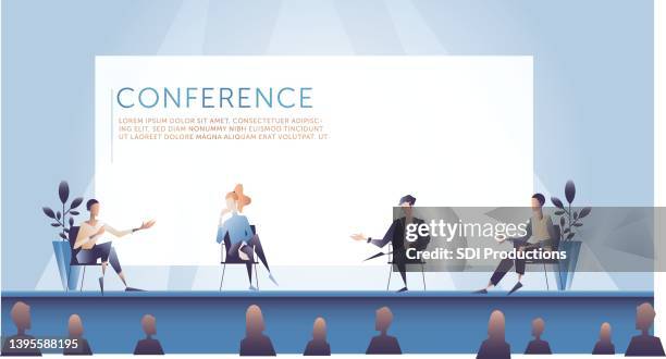 illustration of conference host interacting with panel of experts - 高峰會議 幅插畫檔、美工圖案、卡通及圖標