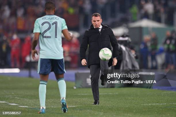 Brendan Rogers, Manager of Leicester City controls the ball during the UEFA Conference League Semi Final Leg Two match between AS Roma and Leicester...