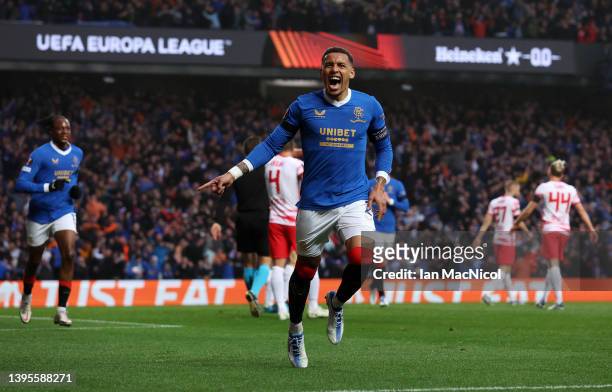 James Tavernier of Rangers celebrates after scoring their sides first goal during the UEFA Europa League Semi Final Leg Two match between Rangers and...