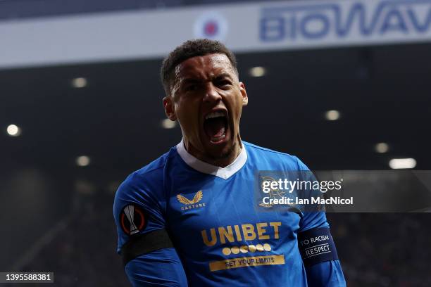 James Tavernier of Rangers celebrates after scoring their sides first goal during the UEFA Europa League Semi Final Leg Two match between Rangers and...