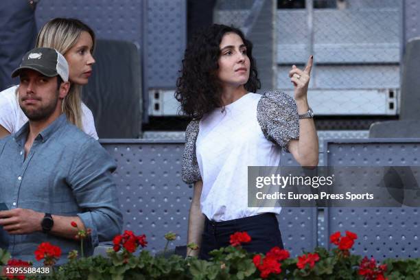 Xisca Perello, wife of Rafael Nadal, is seen during the match between Rafael Nadal of Spain and David Goffin of Belgium during the Mutua Madrid Open...