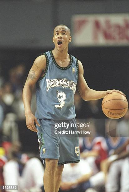 Guard Stephon Marbury of the Minnesota Timberwolves dribbles the ball down the court during a game against the Los Angeles Clippers at the Los...